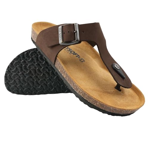 100% Genuine Leather Men's Sandals - Comfortable Cushioned Smart Foam Footbed, Slip-On Slides for Casual Summer Wear, Adjustable Fit, Durable Non-Slip Sole