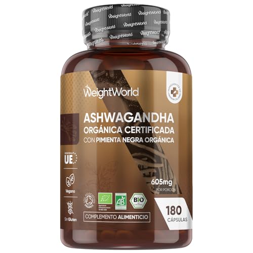 Ashwagandha Orgânica 605 mg, 180 cápsulas para 6 meses, com pimenta preta, pó de raiz da Withania omnifera, com certificação orgânica, suplemento vegano, sem glúten nem OGM