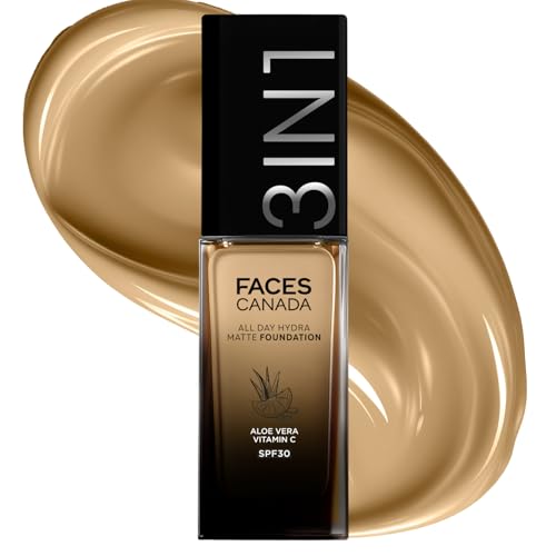 Image of FACES CANADA All Day Hydra Matte Foundation | 3-in-1 Foundation + Moisturizer + SPF 30 | 24 HR Aloe Hydration & Vitamin C | 10HR Long Wear | Medium to High Buildable Coverage | Golden Sand 043 | 30ml
