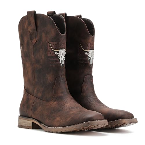Image of JASONSTAR Western Cowboy Boots for men, Vintage Distressed Brown Square Toe Mid-Calf Boots with Longhorn Skull American Flag Embroidery, Non-Slip Rubber Sole Comfortable for Riding Outdoor Daily Wear