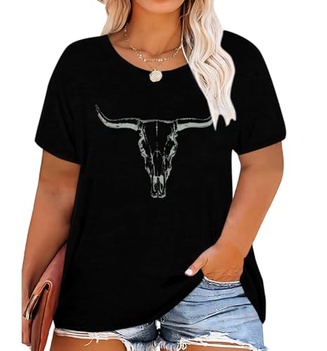 Plus Size Western Shirt for Women Cow Skull Shirt Boho Cowgirl T-Shirt Rodeo Graphic Tee Vintage Country Music Tops