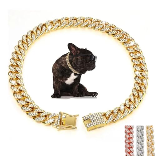 Silberfarbene Hundehalskette für große Hunde, glitzernde Strasssteine, glitzernde Diamanten, Metall, kubanische Glieder-Hundekette für kleine, mittelgroße und große Hunde