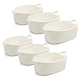 Meyeyaia 6Pcs Small White Woven Basket 12'x 8'x 5' Valentines Empty Gift Basket,Oval Cotton Rope Storage Organizer with Handles, Decorative Dog Cat Baskets for Nursery, Bedroom, Living Room