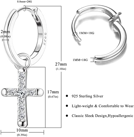 KRFY 925 Sterling Silver Cross Earrings for Women Men Dainty CZ Huggie Hoop Earrings Iced Out Cross Dangle Earrings Lightweight Huggie Cuff Earrings 18K Gold/Silver