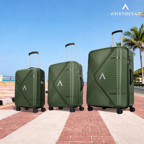 Image of Aristocrat Envoy Set of 3 Trolley Bag 55, 65 & 75cm | S+M+L | Hard Luggage | 8-Wheel Suitcase for Travel | Combination Lock with Sturdy Zipper | Polypropylene | 3 Years International Warranty (Green)