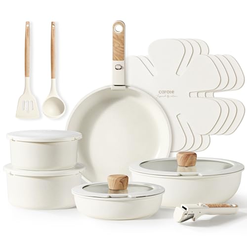 CAROTE Juego de ollas con asas extraíbles, juego de sartenes de 17 piezas, antiadherente, juego de ollas para inducción, horno y lavavajillas, ahorro de espacio, sin PTFE/PFOA, color blanco