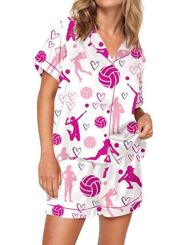 SHESHOW Pajamas for Women Set Satin Button Down Short Sleeve Top and Shorts Pjs Sets Sport Ball Print Sleepwear XS-XXL2