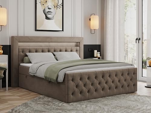 MKS MEBLE Boxspringbett 200x200 mit Led Braun Samt, Bett Polsterbett 200x200 mit LED Kopfteil, Multipocket Matratze H3, Doppelbett mit Bettkasten Stauraumbett - Gold-9 - Braun Velvet MKS MEBLE Boxspringbett 200x200 mit Led Braun Samt, Bett Polsterbett 200x200 mit LED Kopfteil, Multipocket Matratze H3, Doppelbett mit Bettkasten Stauraumbett - Gold-9 - Braun Velvet