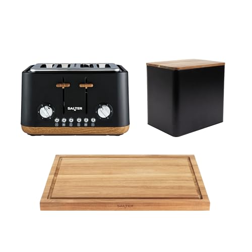 Salter Toronto 3-Piece Kitchen Set – 4-Slice Toaster with 6 Browning Levels, Large Bread Bin with Powder Coated Finish, 44 cm FSC®- Certified Acacia Wood Chopping Board, Charcuterie Board, Black