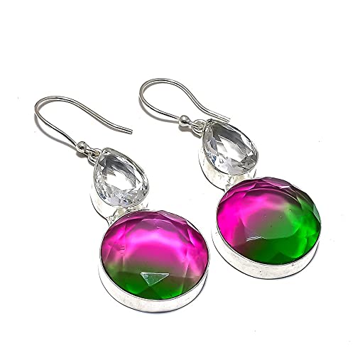Boucles D'oreilles Clous Argent Sterling 925 Avec Tourmaline Pastèque Bicolore - 4544T - Neuf