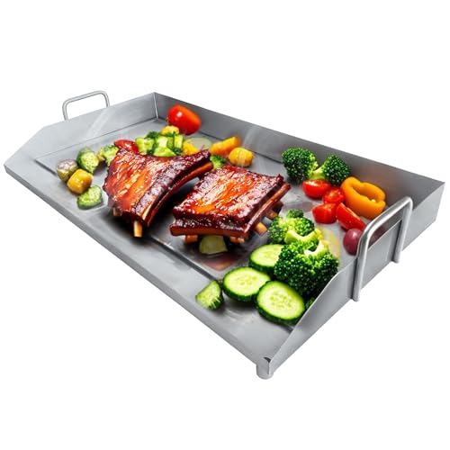 Vivicreate Stainless Steel Outdoor Griddle for Gas & Charcoal Grills, 38 lbs Flat Top Grill Plate with Grease Groove & Handles, Extra-Large BBQ Insert for Garden, Patio & Camping 31”x17”