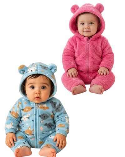 Image of BABYZONE Fluffy Fleece Baby Romper - Hooded Bear Ear Winter Jumpsuit for Boys & Girls