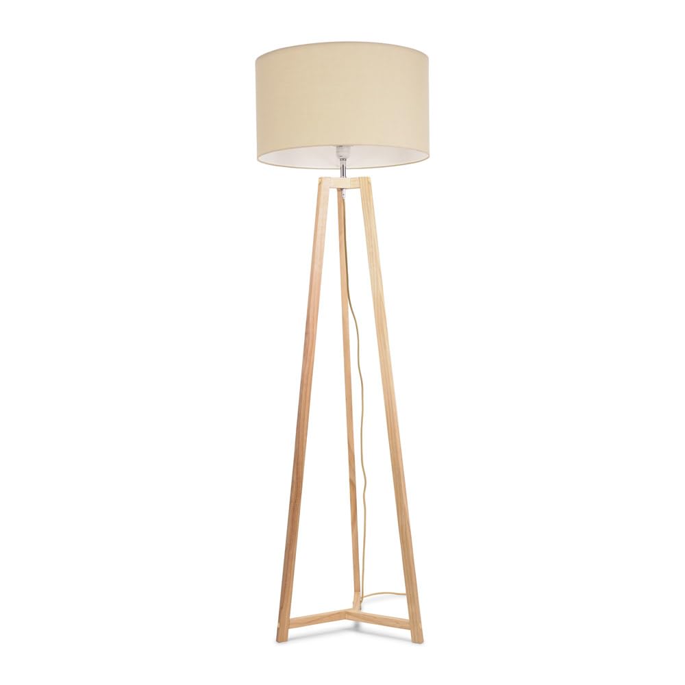 Valuelights Natural Lottie Wood Tripod Floor Lamp With Fabric Drum Shade