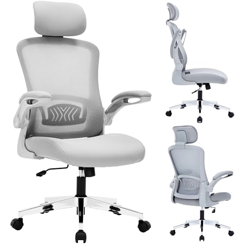 Nyxi Ergonomic Office Chair for Work, Computer Desk & Study, High Back Mesh Chair with Foldable Armrests, Lumbar Support, Adjustable Headrest, Swivel, Metal Base, Comfort (Grey, Model 751)