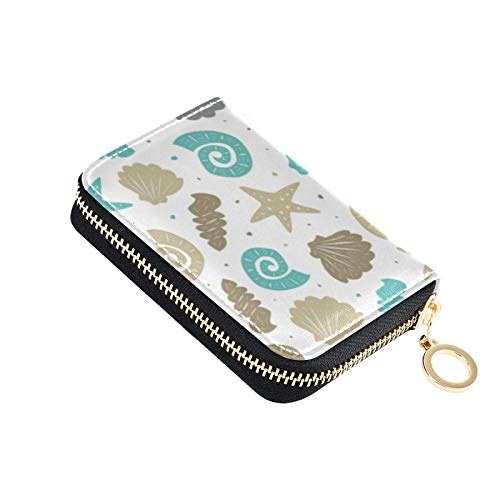 OTVEE Summer Beach Marine Seashell RFID Credit Card Wallet, Microfiber Leather Zipper Card Case Holder for Women