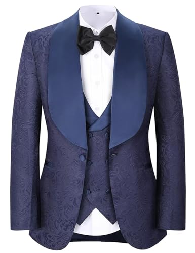 Men's 3 Piece Suit Slim Fit Shawl Lapel Jacquard Floral Tuxedo Wedding Prom Suits with Bow Tie2