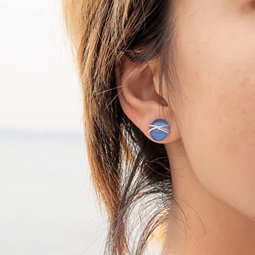Sea Glass Earrings S990 Sterling Silver Hypoallergenic Handmade Stud Post Earrings Beach Glass Fashion Statement Handcraft Jewelry For Women Girls, 11Mm Dark Blue #TOP3