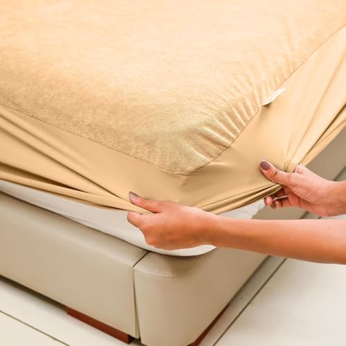 Image of Cotton Feel Terry 72x72 inch Ultra Soft Waterproof Mattress Protector King Size | Breathable Hypoallergenic Mattresses Cover for King Size Bed (Beige)