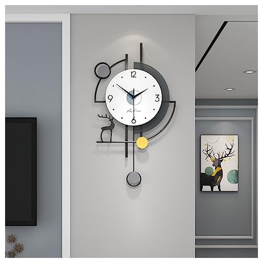 FLEBLE Large Wall Clocks for Living Room Decor Modern Pendulum Wall Clock Silent Quartz Battery Operated Non-Ticking for Bedroom Kitchen Office 24inch Black Metal Deer Clock Wall Decor for Home Indoor