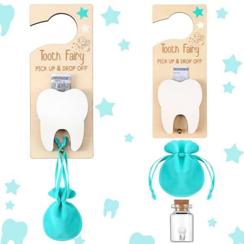 Image of DoubleFill Christmas Tooth Fairy Gift Holder Bag Door Hanger Tooth Fairy Kit with Money Slot Keepsake Bottle Velvet Pouch Teeth Box Gift for Lost Teeth Boy Girl(Classic,Lake Blue)