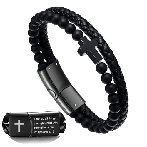 Hengbofeng Mens Bracelet,Gifts for Men, Black Braided Leather With Black Stainless Steel Cross Jewelry With Black Onyx Beads Bracelets,Charm Bracelet,For Dad,Friends,Brother,Sons