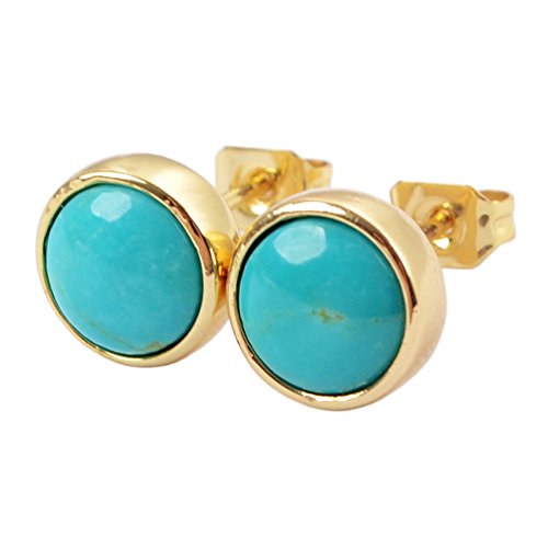ZENGORI 1 Pair 9MM Gold Plated Round Natural Turquoise Stud Earrings for Women ZG0258
