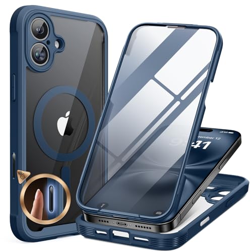 Image of Miracase for iPhone 16 Case 6.1'', Full-Body Protective Phone case with Built-in Full Glass Screen &Camera Control,Easy Installation,No Gap,Compatible with MagSafe,SGS Drop Proof 16 Cover,Storm Blue