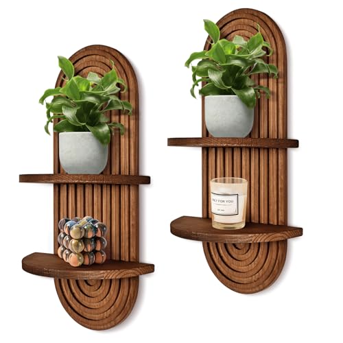 ZELURA 2 Pieces Boho Wall Shelf, Mid Century Shelves, Double Shelves, Decorative Bohemian Rainbow Hanging Shelves for Bathroom, Bedroom, Kitchen, Living Room, Laundry Room (Coffee Color)