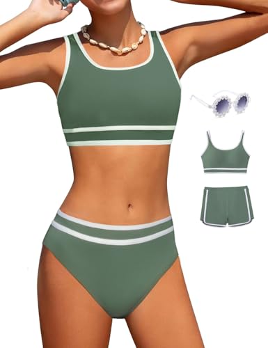 Image of Girls Swimsuits 3 Piece Bathing Suit Bikini Set with Sporty Shorts and Sunglasses Beach Swimwear for Girl 8-15 Years