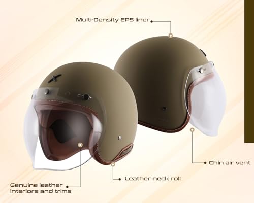 Image of Axor Retro Jet Leather ISI and DOT Certified Matte Finish Open Face Helmet for Men and Women with Clear Visor- Dull Desert Storm -M