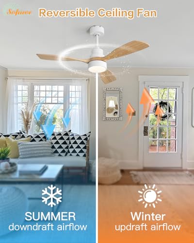 Image of Sofucor 48 Inch Smart Wood Ceiling Fans with Lights, Flush /Downrod Mount | Alexa /App /Remote Control, Quiet Reversible DC Motor, 3CCT Dimmable, Indoor /Covered Outdoor /Bedroom /Living Room, Natural Wood