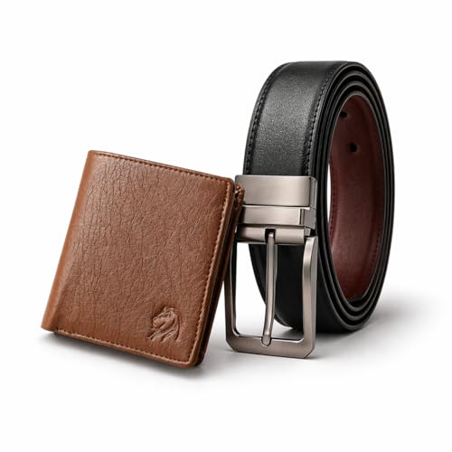 Image of VEMILIO Mens Wallet Belt Combo | Vegan Leather Bi-Fold Wallet with Coin Pocket & Reversible Belt | Gift Combo Set for Men & Boys (Tan)