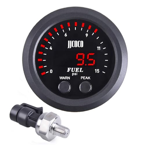 ZHSYMX Universal Fuel Pressure Gauge 2‑1/16in 52mm Ultraslim 15PSI Red LED DC12V-24V with Alarm and Electronic Sensor for Car & Truck