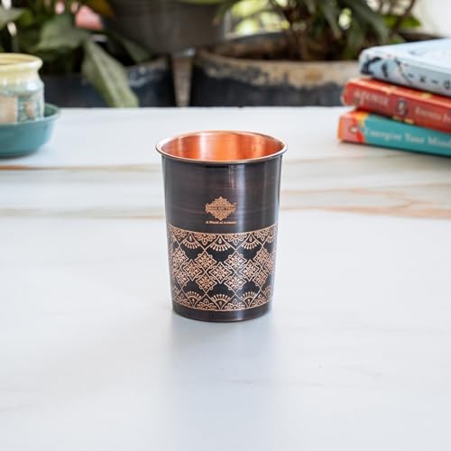 Image of INDIAN ART VILLA Copper Antique Dark Embossed Drinking Glass, Pure Copper Ayurvedic Water Tumbler for Home, Office, Restaurant Use, Traditional Drinkware Gift Item, 275 ML, Set of 1