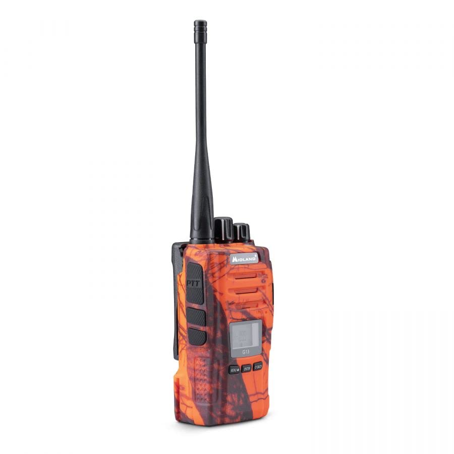Midland- Walkie Talkie Profesional Largo Alcance G13 Blaze, Emisora Trekking y Outdoor, 99 Canales PMR446, Impermeable IPX4, 12Km, VOX y Canal RRM, Batería Li-Ion 2600mAh hasta 40H, Moassy Oak Naranja