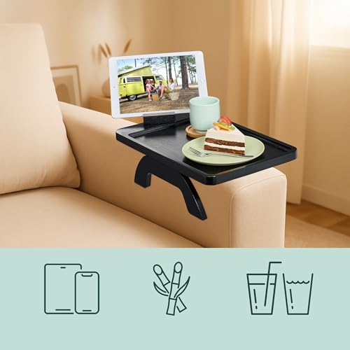 Tablette de canapé en bambou noir Relaxdays avec support de téléphone