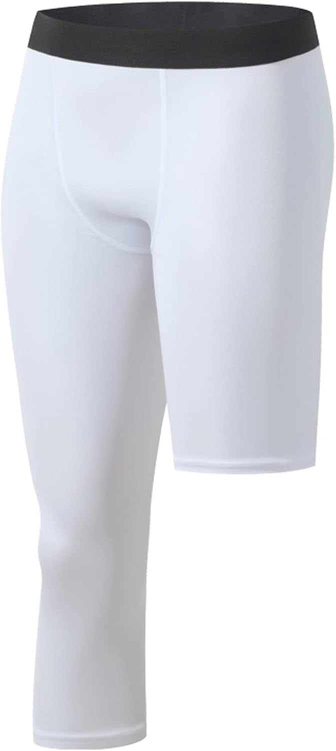 Hansber Men's Basketball Compression Pants One Leg 3/4 Capri Tights Leggings Gym Running Athletic Base Layer