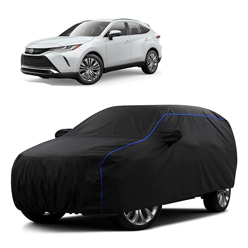 Image of Sulfar 100% Water Resistant Car Body Cover Compatible with Mirror for Toyota Venza (Triple Stitched, Full Bottom Elastic, Black Tafetta with Blue Piping)
