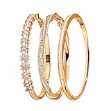 3-Piece Multi-Design Zircon Bangle Set: This curated jewelry collection features three distinct gold-tone bangles, each crafted with premium 3A zircon accents: one showcases a bold, eye-catching row of rectangular-cut zircons (set in a classic claw d...