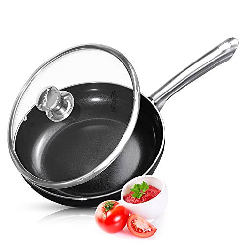 INTIGNIS Sartén Premium Recubierta de Mármol Ultra Antiadherente Aluminio Fundido | Mango magnético Desmontable | Seguro para Todas Las Placas | Limpieza fácil (24 cm, Negro)