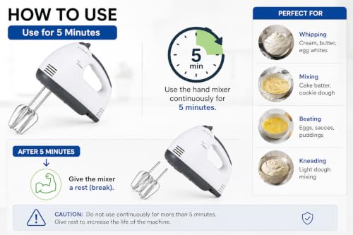 Image of Electric Hand Mixer for Kitchen | Handheld Cake Blender with Four Stainless Steel Attachments Including Beaters & Dough Hooks for Whipping Cream 260W