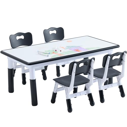 XNKL Kids Table and 4 Chairs Set, Height Adjustable Toddler Table and Chair Set, Toddler Desk with Graffiti Desktop & Non-Slip Legs, Children Activity Table for Daycare, Classroom (Black)