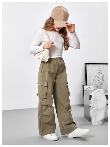 Image of SweatyRocks Girl's 2 Piece Outfits Ruched Long Sleeve T Shirt and Wide Leg Cargo Pants Set Green 10Y