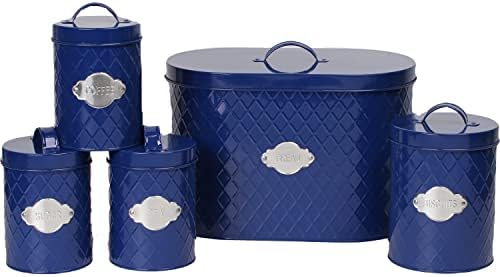 Neo Embossed Diamond Hexagonal Metal Metallic Badge 5 Kitchen Countertop Canisters Jars Tins Set Tea Coffee Sugar Biscuit Bread Bin Box Food Storage Organiser (Navy)