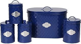 Neo Embossed Diamond Hexagonal Metal Metallic Badge 5 Kitchen Countertop Canisters Jars Tins Set Tea Coffee Sugar Biscuit Bread Bin Box Food Storage Organiser (Navy)