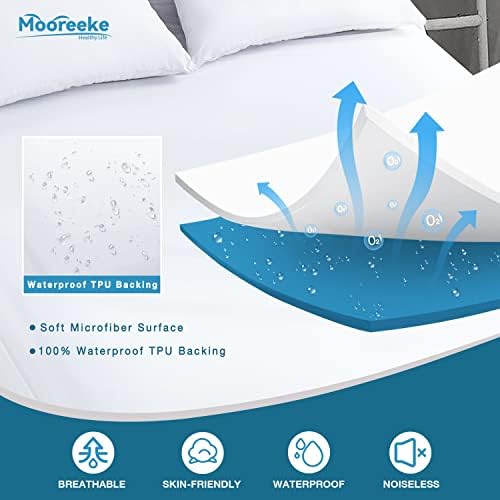 Mooreeke Waterproof Mattress Protector Single Bed - Non Noisy Mattress Cover, Deep 38cm Stretch Skirt, Breathable and Washable Single Size Mattress Protector (Single90x190+38cmWhite)