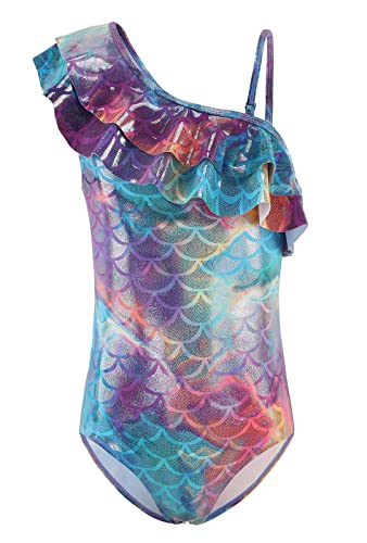Image of Big Girls One Piece Mermaid Swimsuits One Shoulder Ruffle Bathing Suit Size 16 /14-16