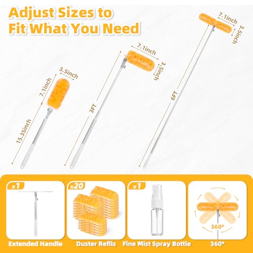 Image of 6 ft Extendable Duster Kit with 20 Refills for Swiffer Duster | 360 Heavy Duty Duster Refills, 5X Microfibers Trap Dust, Long Extended Handle for Ceiling Fan, Vents and Hard to reach Areas