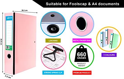 Office Box Files Pastel Colours Pull and Catch Lock Spring Foolscap Paper Over Board Document File 75mm - Pack 3