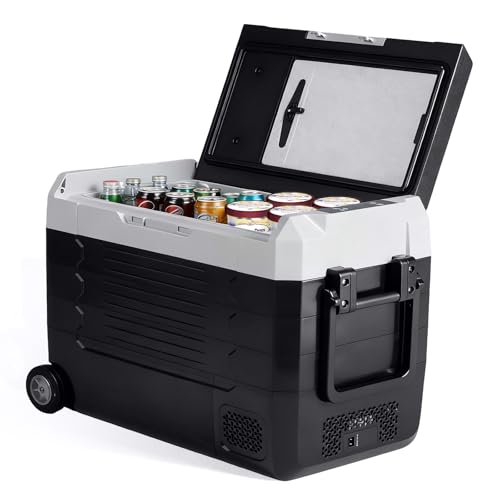 Image of OLIXIS Portable Car Refrigerator, 53QT Dual-Zone Electric Cooler for Vehicles with Wheels & Cutting Board, -4℉-68℉ Freezer Smart Control via Bluetooth, Battery Protection, 12 /24V DC & 100-240V AC